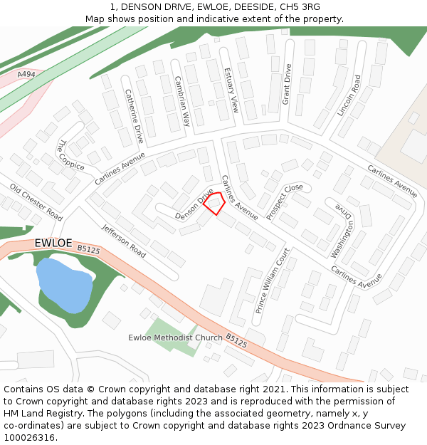 1, DENSON DRIVE, EWLOE, DEESIDE, CH5 3RG: Location map and indicative extent of plot