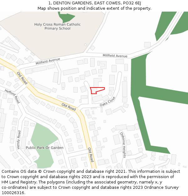 1, DENTON GARDENS, EAST COWES, PO32 6EJ: Location map and indicative extent of plot