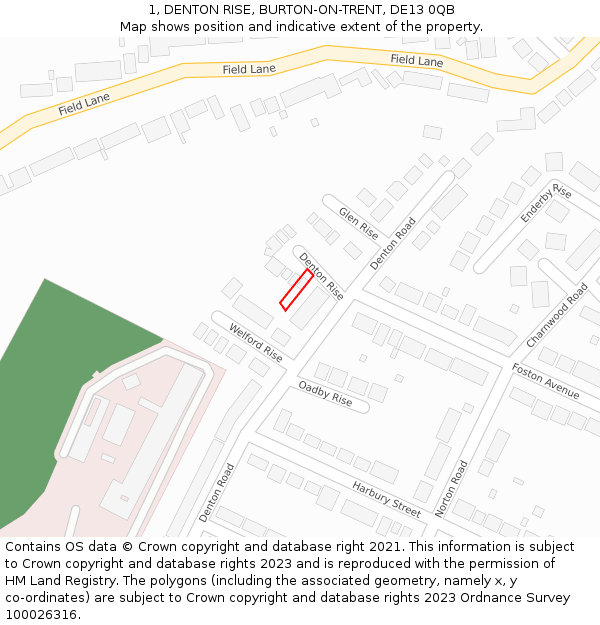1, DENTON RISE, BURTON-ON-TRENT, DE13 0QB: Location map and indicative extent of plot
