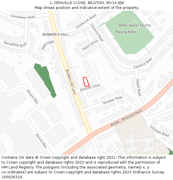 1, DENVILLE CLOSE, BILSTON, WV14 6JW: Location map and indicative extent of plot