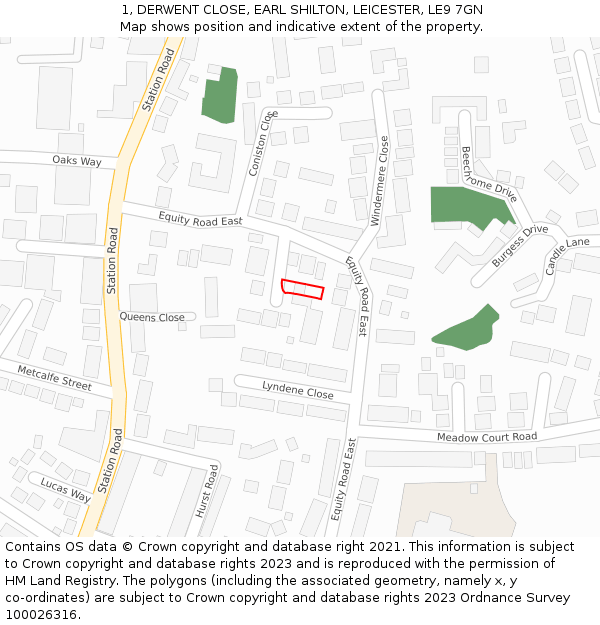 1, DERWENT CLOSE, EARL SHILTON, LEICESTER, LE9 7GN: Location map and indicative extent of plot