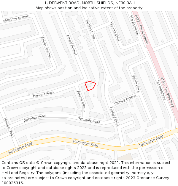 1, DERWENT ROAD, NORTH SHIELDS, NE30 3AH: Location map and indicative extent of plot