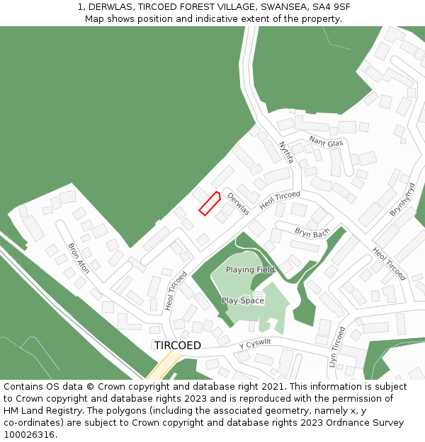 1, DERWLAS, TIRCOED FOREST VILLAGE, SWANSEA, SA4 9SF: Location map and indicative extent of plot