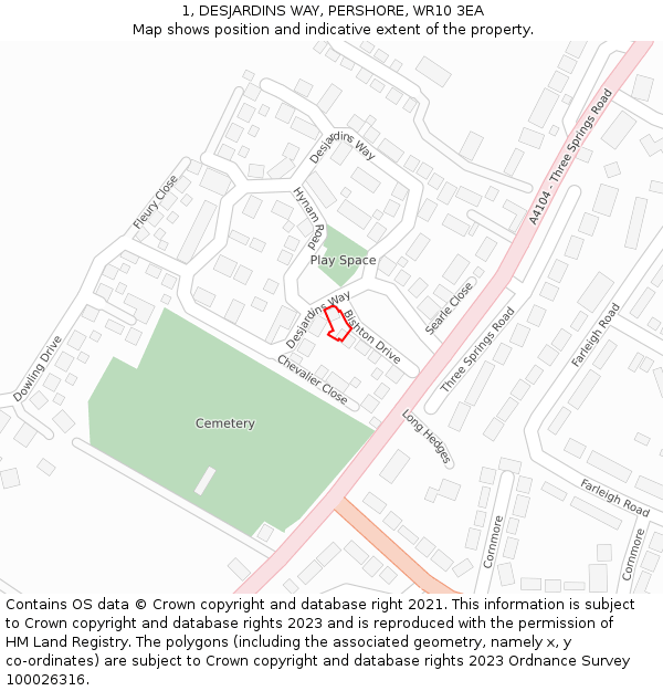 1, DESJARDINS WAY, PERSHORE, WR10 3EA: Location map and indicative extent of plot