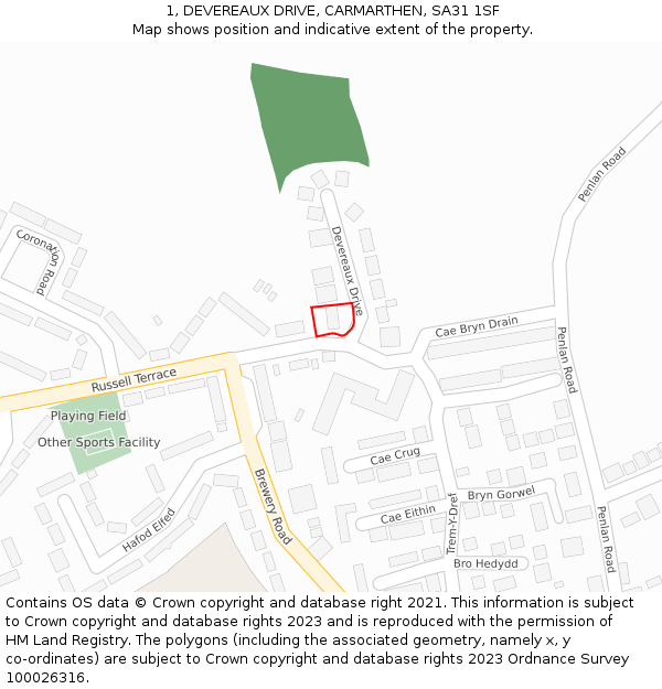 1, DEVEREAUX DRIVE, CARMARTHEN, SA31 1SF: Location map and indicative extent of plot