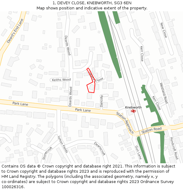 1, DEVEY CLOSE, KNEBWORTH, SG3 6EN: Location map and indicative extent of plot