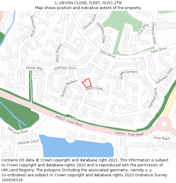 1, DEVON CLOSE, FLEET, GU51 2TW: Location map and indicative extent of plot