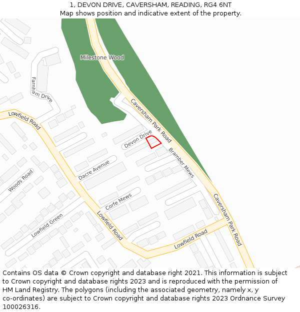 1, DEVON DRIVE, CAVERSHAM, READING, RG4 6NT: Location map and indicative extent of plot