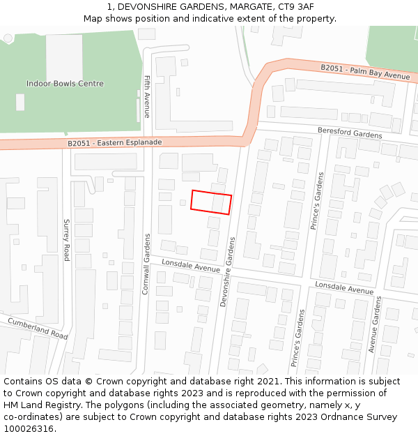 1, DEVONSHIRE GARDENS, MARGATE, CT9 3AF: Location map and indicative extent of plot