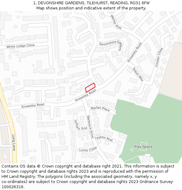 1, DEVONSHIRE GARDENS, TILEHURST, READING, RG31 6FW: Location map and indicative extent of plot