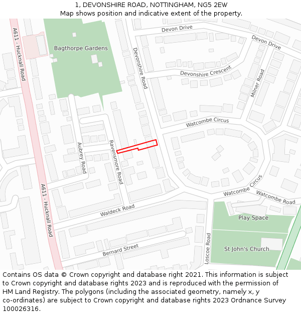 1, DEVONSHIRE ROAD, NOTTINGHAM, NG5 2EW: Location map and indicative extent of plot