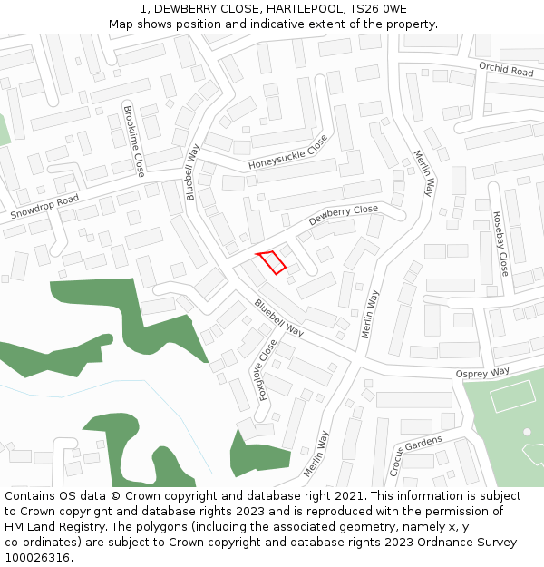 1, DEWBERRY CLOSE, HARTLEPOOL, TS26 0WE: Location map and indicative extent of plot