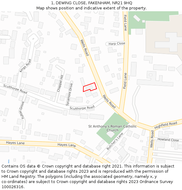 1, DEWING CLOSE, FAKENHAM, NR21 9HQ: Location map and indicative extent of plot