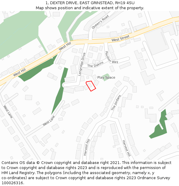 1, DEXTER DRIVE, EAST GRINSTEAD, RH19 4SU: Location map and indicative extent of plot