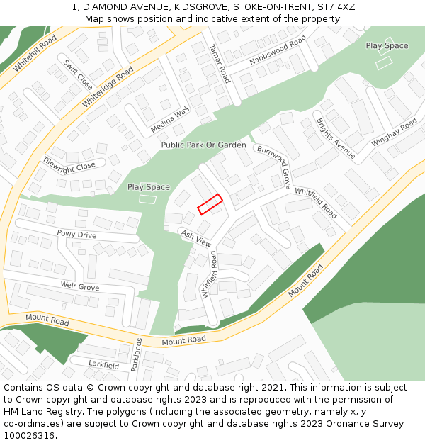 1, DIAMOND AVENUE, KIDSGROVE, STOKE-ON-TRENT, ST7 4XZ: Location map and indicative extent of plot