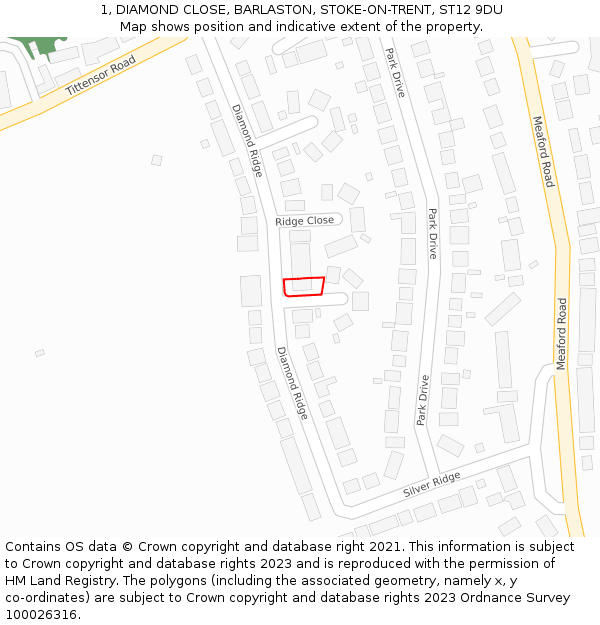 1, DIAMOND CLOSE, BARLASTON, STOKE-ON-TRENT, ST12 9DU: Location map and indicative extent of plot