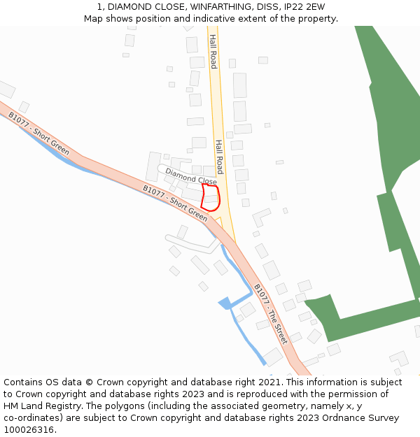 1, DIAMOND CLOSE, WINFARTHING, DISS, IP22 2EW: Location map and indicative extent of plot