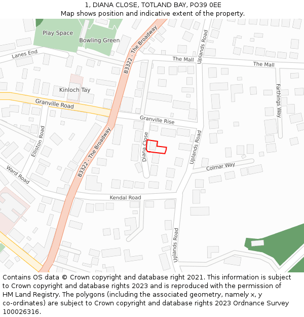 1, DIANA CLOSE, TOTLAND BAY, PO39 0EE: Location map and indicative extent of plot