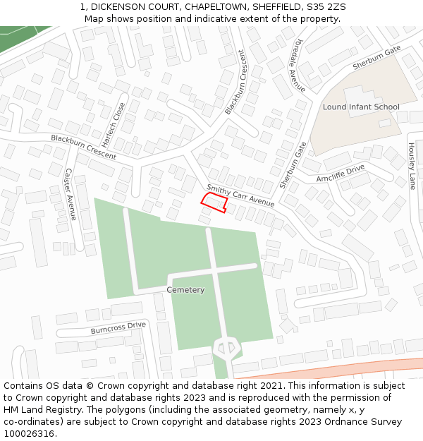 1, DICKENSON COURT, CHAPELTOWN, SHEFFIELD, S35 2ZS: Location map and indicative extent of plot