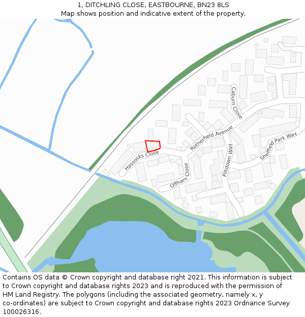 1, DITCHLING CLOSE, EASTBOURNE, BN23 8LS: Location map and indicative extent of plot