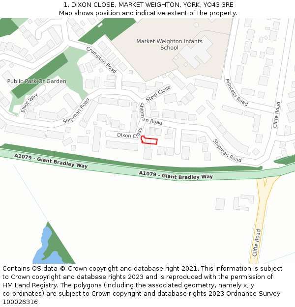 1, DIXON CLOSE, MARKET WEIGHTON, YORK, YO43 3RE: Location map and indicative extent of plot