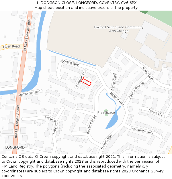 1, DODGSON CLOSE, LONGFORD, COVENTRY, CV6 6PX: Location map and indicative extent of plot