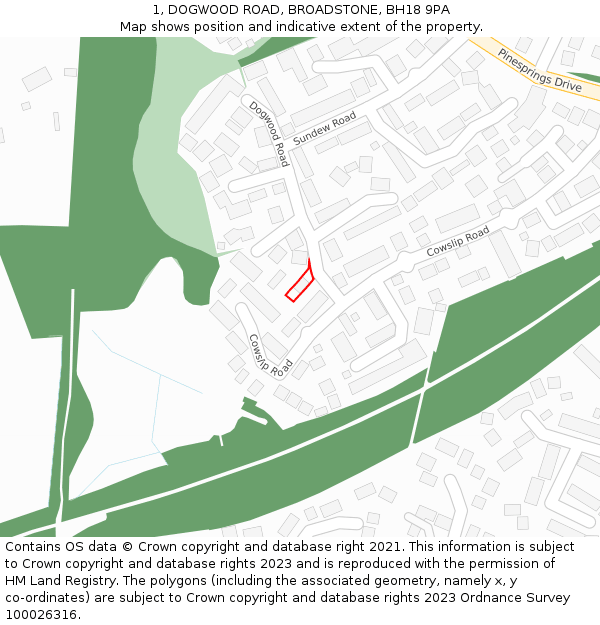 1, DOGWOOD ROAD, BROADSTONE, BH18 9PA: Location map and indicative extent of plot