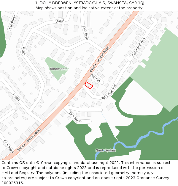 1, DOL Y DDERWEN, YSTRADGYNLAIS, SWANSEA, SA9 1QJ: Location map and indicative extent of plot