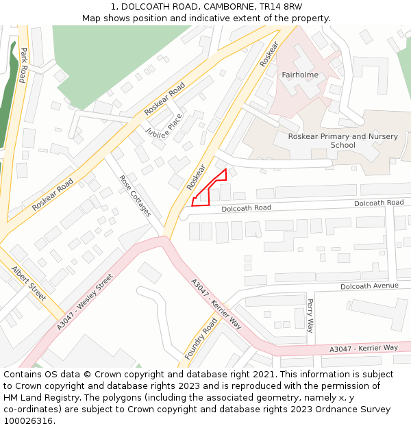 1, DOLCOATH ROAD, CAMBORNE, TR14 8RW: Location map and indicative extent of plot