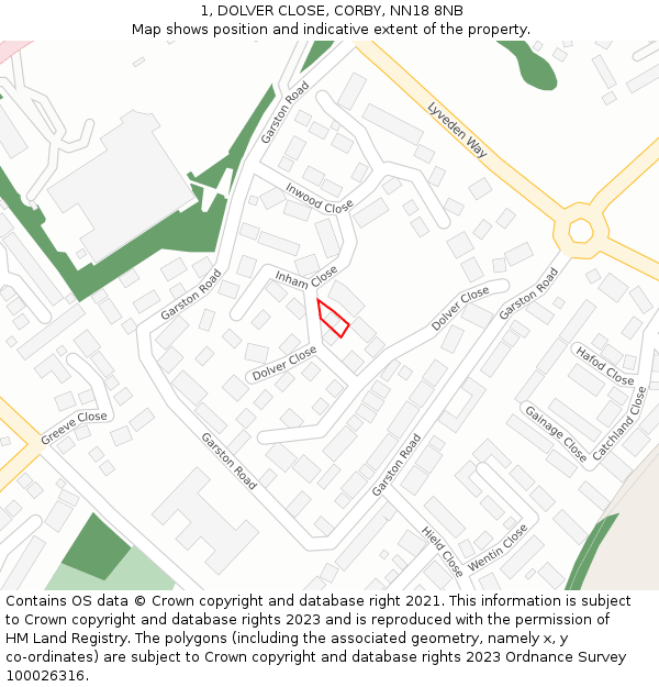 1, DOLVER CLOSE, CORBY, NN18 8NB: Location map and indicative extent of plot