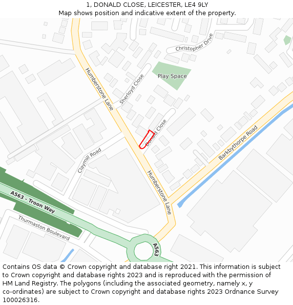 1, DONALD CLOSE, LEICESTER, LE4 9LY: Location map and indicative extent of plot