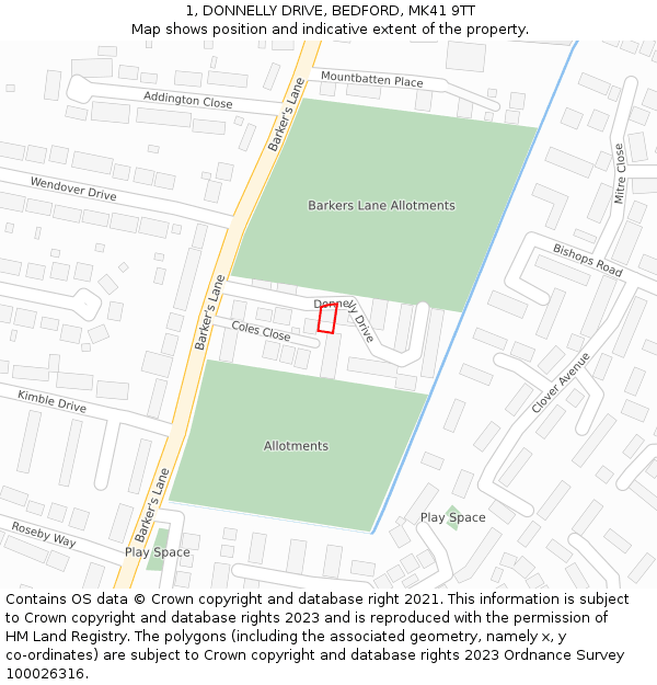 1, DONNELLY DRIVE, BEDFORD, MK41 9TT: Location map and indicative extent of plot