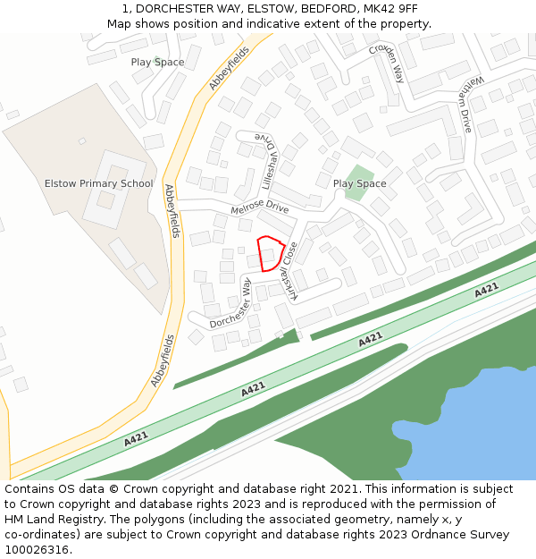 1, DORCHESTER WAY, ELSTOW, BEDFORD, MK42 9FF: Location map and indicative extent of plot