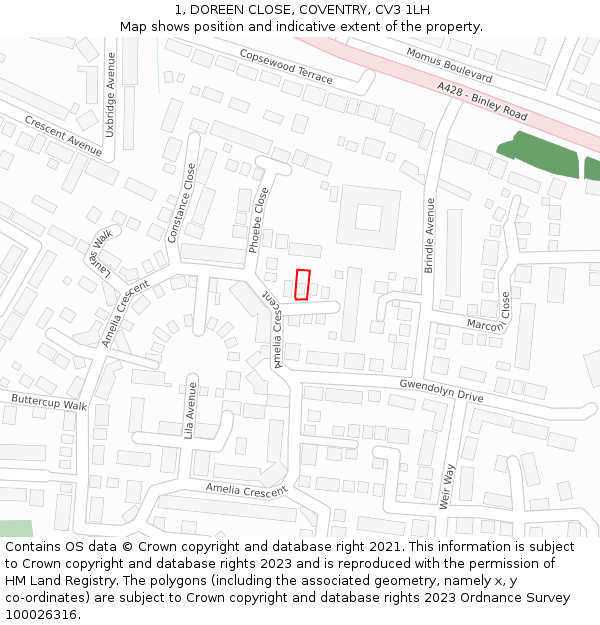 1, DOREEN CLOSE, COVENTRY, CV3 1LH: Location map and indicative extent of plot