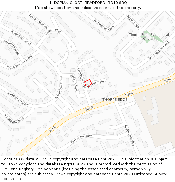 1, DORIAN CLOSE, BRADFORD, BD10 8BQ: Location map and indicative extent of plot