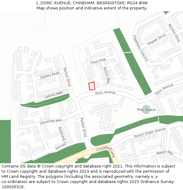 1, DORIC AVENUE, CHINEHAM, BASINGSTOKE, RG24 8NW: Location map and indicative extent of plot