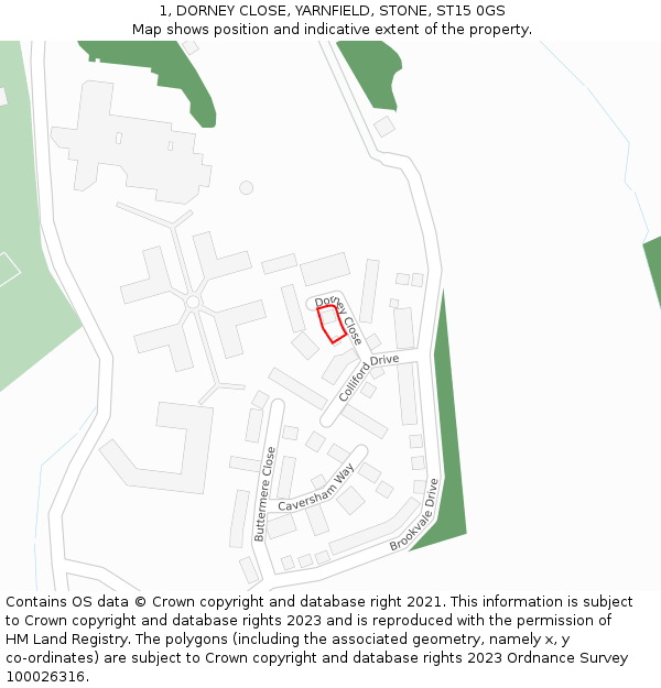 1, DORNEY CLOSE, YARNFIELD, STONE, ST15 0GS: Location map and indicative extent of plot