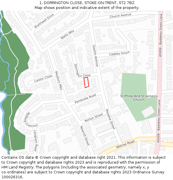 1, DORRINGTON CLOSE, STOKE-ON-TRENT, ST2 7BZ: Location map and indicative extent of plot