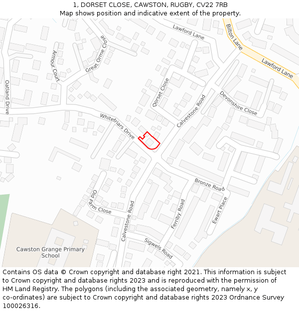1, DORSET CLOSE, CAWSTON, RUGBY, CV22 7RB: Location map and indicative extent of plot