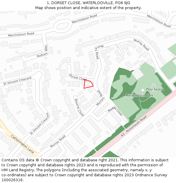 1, DORSET CLOSE, WATERLOOVILLE, PO8 9JG: Location map and indicative extent of plot