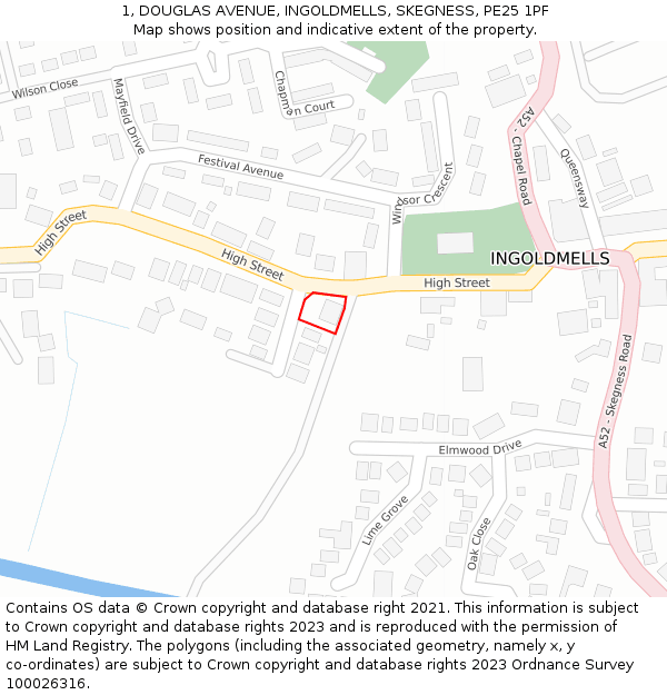 1, DOUGLAS AVENUE, INGOLDMELLS, SKEGNESS, PE25 1PF: Location map and indicative extent of plot