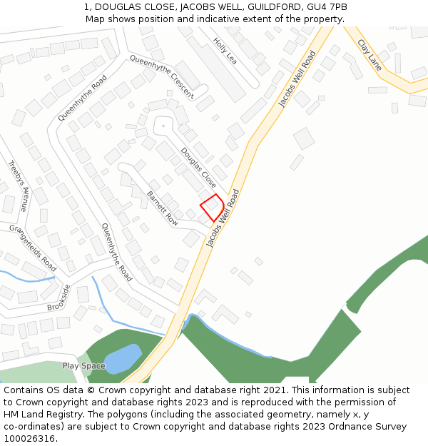 1, DOUGLAS CLOSE, JACOBS WELL, GUILDFORD, GU4 7PB: Location map and indicative extent of plot