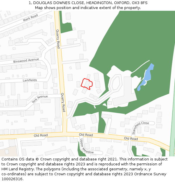 1, DOUGLAS DOWNES CLOSE, HEADINGTON, OXFORD, OX3 8FS: Location map and indicative extent of plot