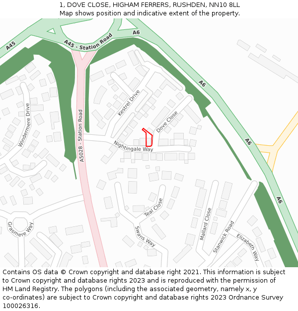 1, DOVE CLOSE, HIGHAM FERRERS, RUSHDEN, NN10 8LL: Location map and indicative extent of plot