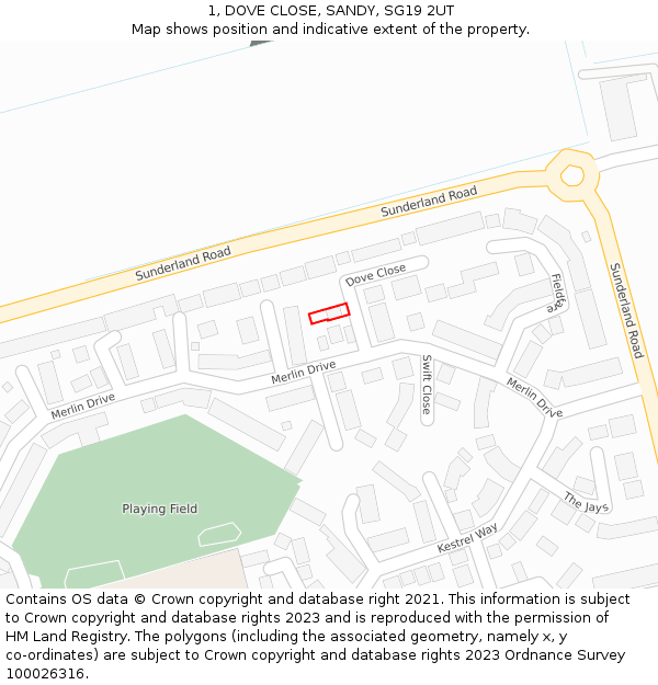 1, DOVE CLOSE, SANDY, SG19 2UT: Location map and indicative extent of plot