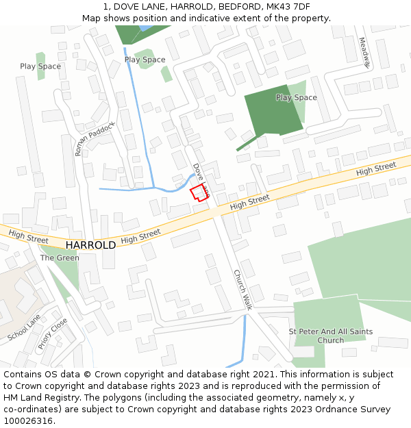 1, DOVE LANE, HARROLD, BEDFORD, MK43 7DF: Location map and indicative extent of plot