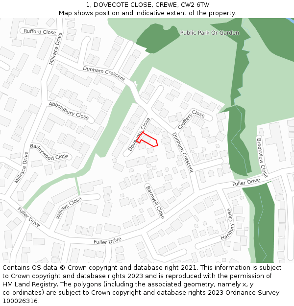 1, DOVECOTE CLOSE, CREWE, CW2 6TW: Location map and indicative extent of plot