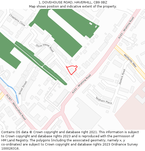 1, DOVEHOUSE ROAD, HAVERHILL, CB9 0BZ: Location map and indicative extent of plot