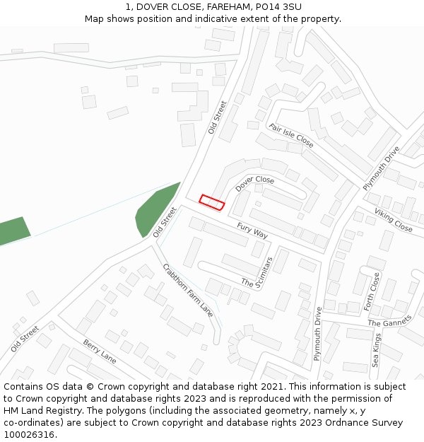1, DOVER CLOSE, FAREHAM, PO14 3SU: Location map and indicative extent of plot