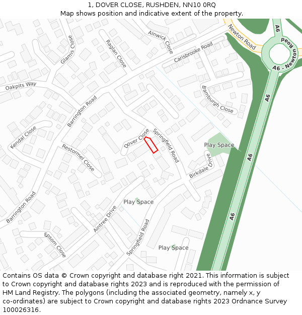 1, DOVER CLOSE, RUSHDEN, NN10 0RQ: Location map and indicative extent of plot
